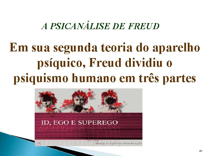 A PSICANÁLISE DE FREUD Em sua segunda teoria do aparelho psíquico, Freud dividiu o