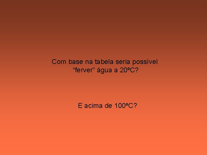 Com base na tabela seria possível “ferver” água a 20ºC? E acima de 100ºC?