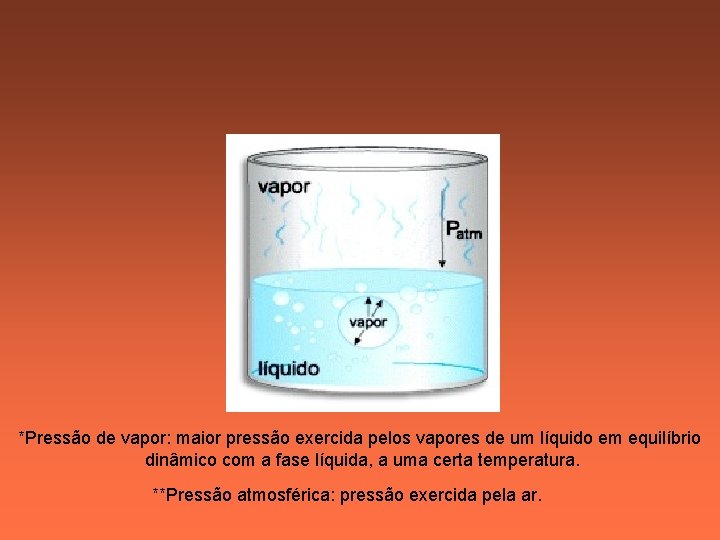 *Pressão de vapor: maior pressão exercida pelos vapores de um líquido em equilíbrio dinâmico *Pressão de vapor: maior pressão exercida pelos vapores de um líquido em equilíbrio dinâmico