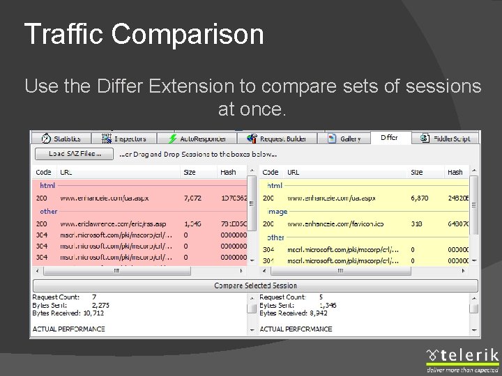 Traffic Comparison Use the Differ Extension to compare sets of sessions at once. 