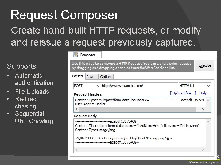 Request Composer Create hand-built HTTP requests, or modify and reissue a request previously captured.