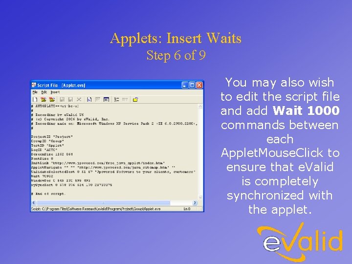 Applets: Insert Waits Step 6 of 9 You may also wish to edit the