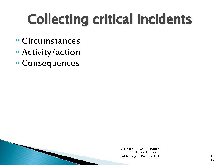 Collecting critical incidents Circumstances Activity/action Consequences Copyright © 2011 Pearson Education, Inc. Publishing as