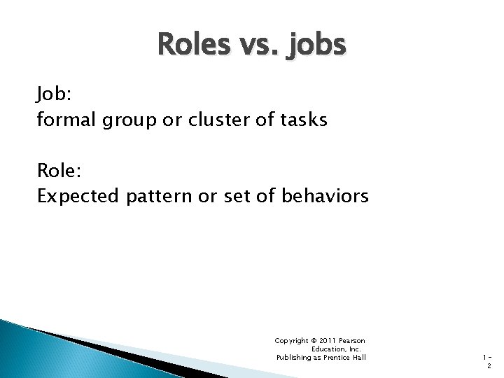 Roles vs. jobs Job: formal group or cluster of tasks Role: Expected pattern or