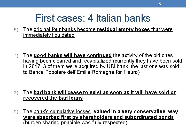 15 First cases: 4 Italian banks 6) The original four banks become residual empty