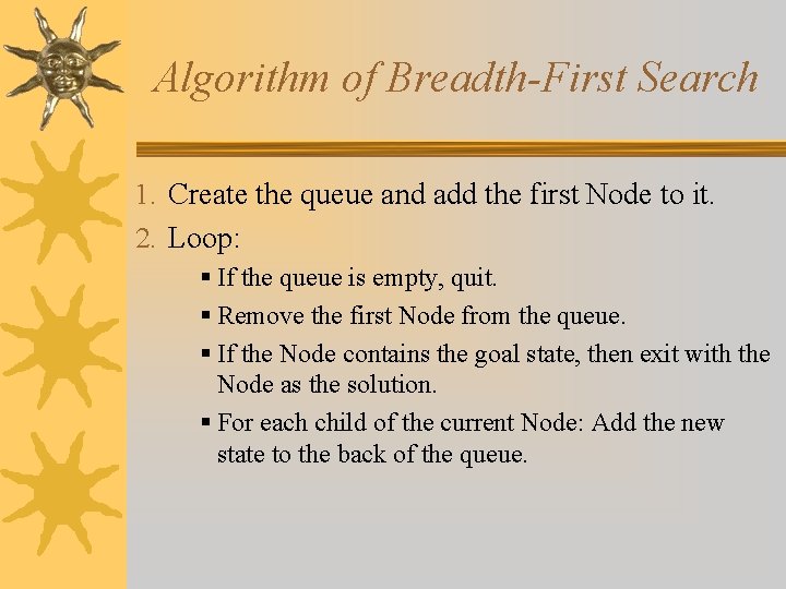 Algorithm of Breadth-First Search 1. Create the queue and add the first Node to