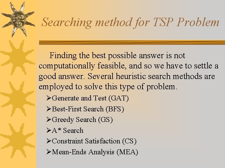 Searching method for TSP Problem Finding the best possible answer is not computationally feasible,