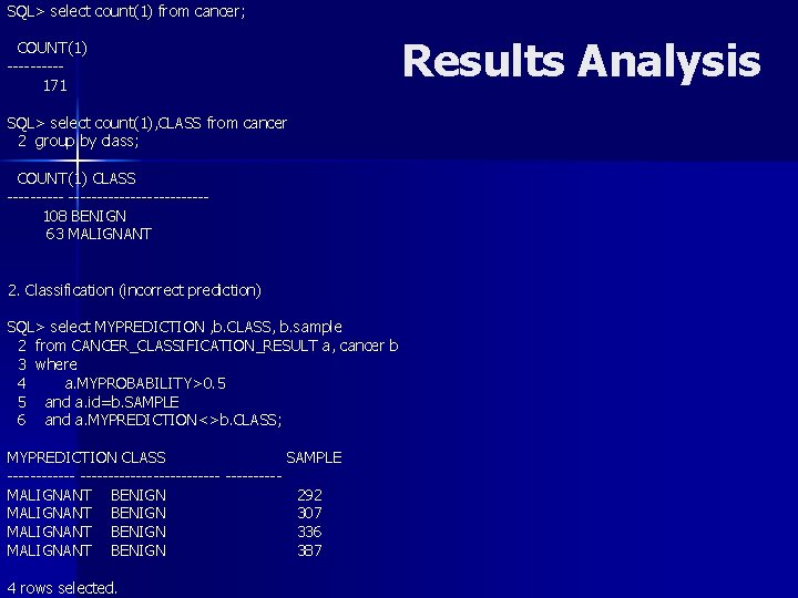 SQL> select count(1) from cancer; COUNT(1) ----- 171 SQL> select count(1), CLASS from cancer