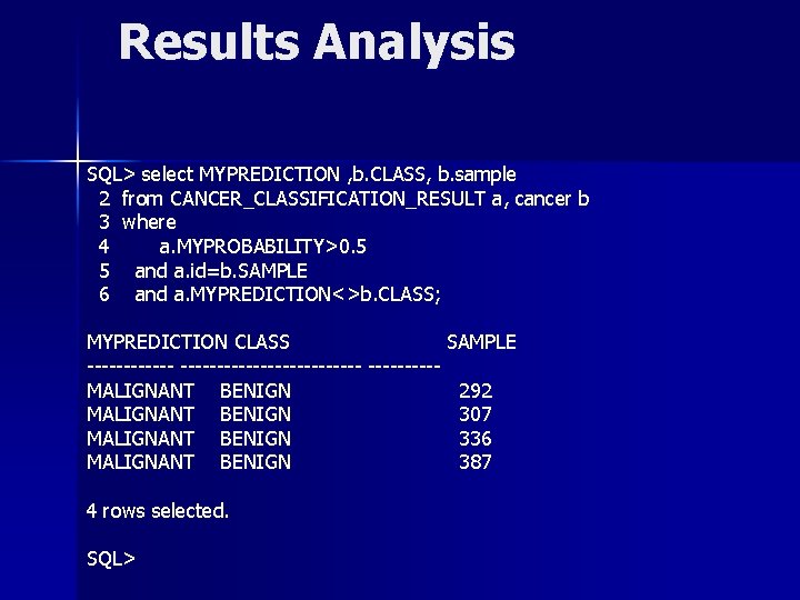 Results Analysis SQL> select MYPREDICTION , b. CLASS, b. sample 2 from CANCER_CLASSIFICATION_RESULT a,