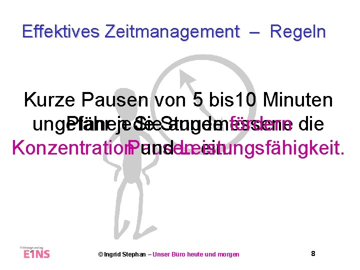 Effektives Zeitmanagement – Regeln Kurze Pausen von 5 bis 10 Minuten ungefähr Planen jede