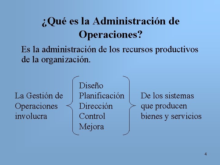 ¿Qué es la Administración de Operaciones? Es la administración de los recursos productivos de