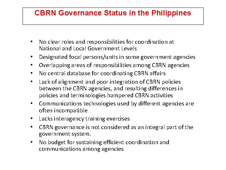 CBRN Governance Status in the Philippines • No clear roles and responsibilities for coordination