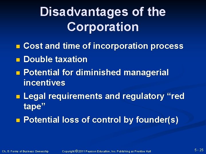 Disadvantages of the Corporation n Cost and time of incorporation process n Double taxation