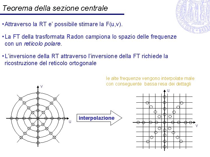 Teorema della sezione centrale • Attraverso la RT e’ possibile stimare la F(u, v).