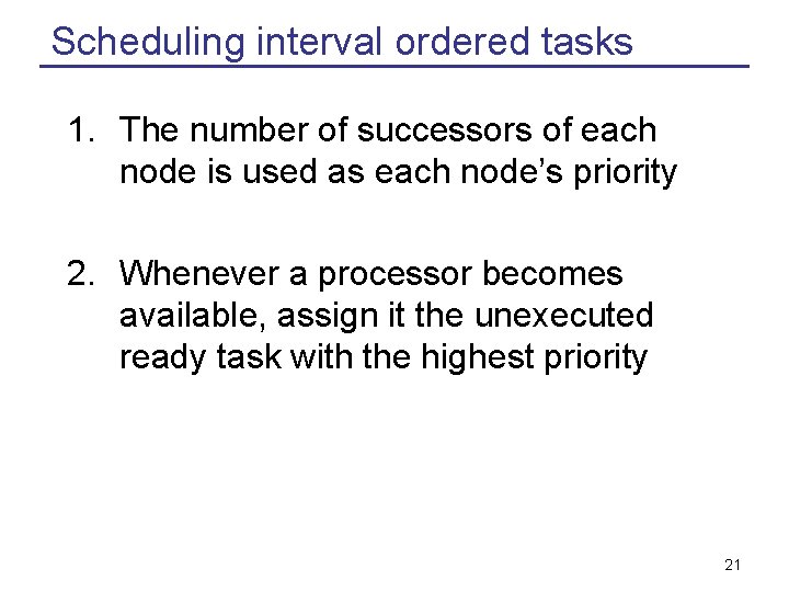 Scheduling interval ordered tasks 1. The number of successors of each node is used