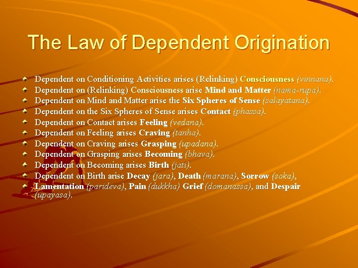 The Law of Dependent Origination Dependent on Conditioning Activities arises (Relinking) Consciousness (vinnana). Dependent