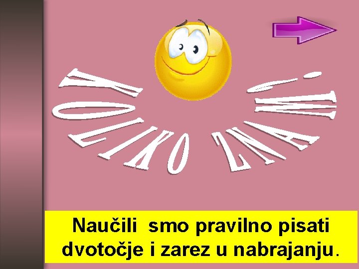 Naučili smo pravilno pisati dvotočje i zarez u nabrajanju. 