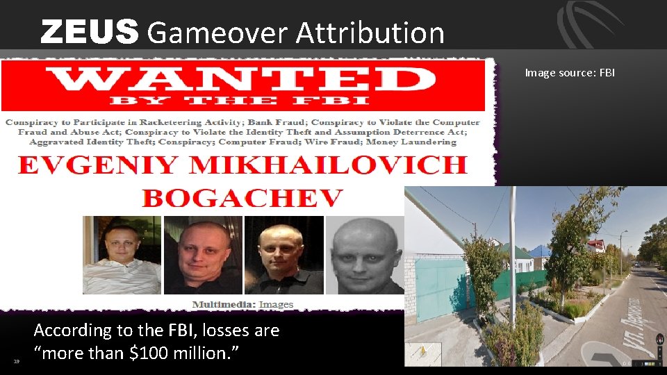 ZEUS Gameover Attribution Image source: FBI 19 According to the FBI, losses are “more