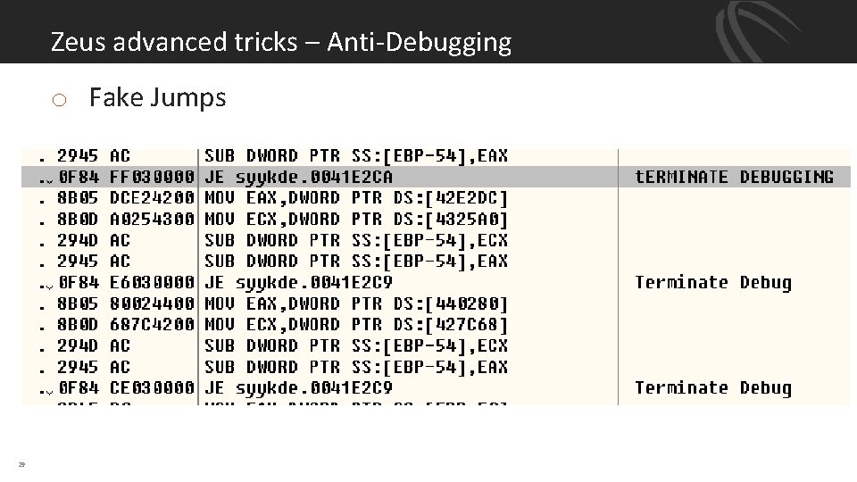 Zeus advanced tricks – Anti Debugging o Fake Jumps 29 
