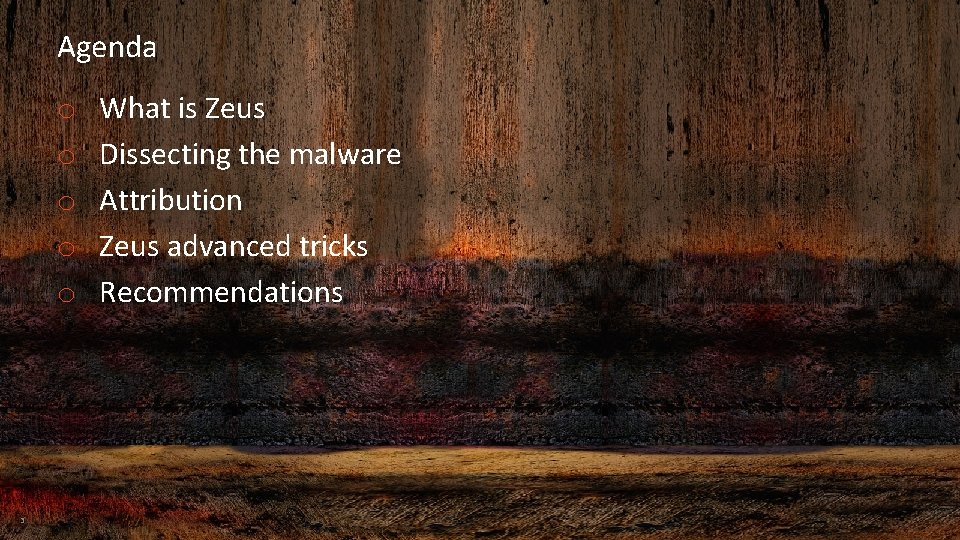 Agenda o o o 3 What is Zeus Dissecting the malware Attribution Zeus advanced