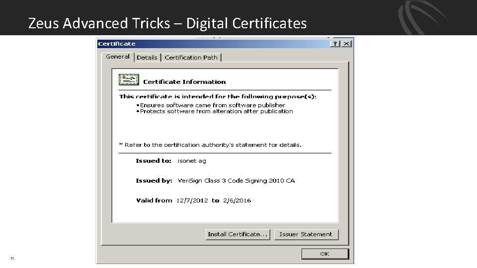 Zeus Advanced Tricks – Digital Certificates 30 