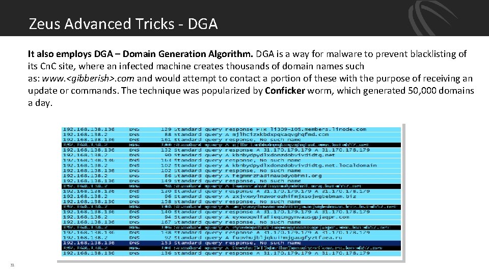 Zeus Advanced Tricks DGA It also employs DGA – Domain Generation Algorithm. DGA is