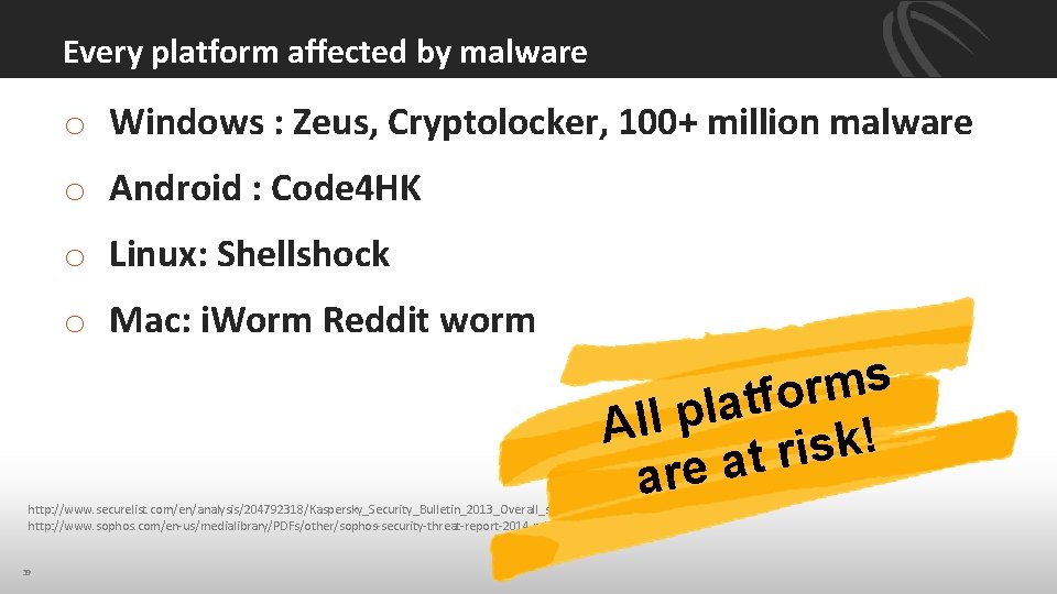 Every platform affected by malware o Windows : Zeus, Cryptolocker, 100+ million malware o