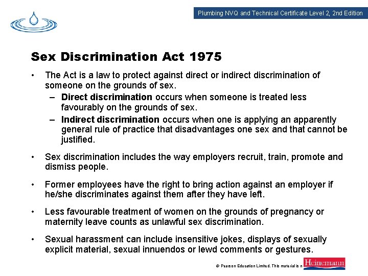 Plumbing NVQ and Technical Certificate Level 2, 2 nd Edition Sex Discrimination Act 1975