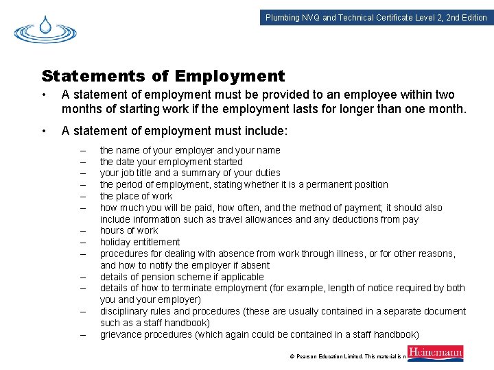 Plumbing NVQ and Technical Certificate Level 2, 2 nd Edition Statements of Employment •