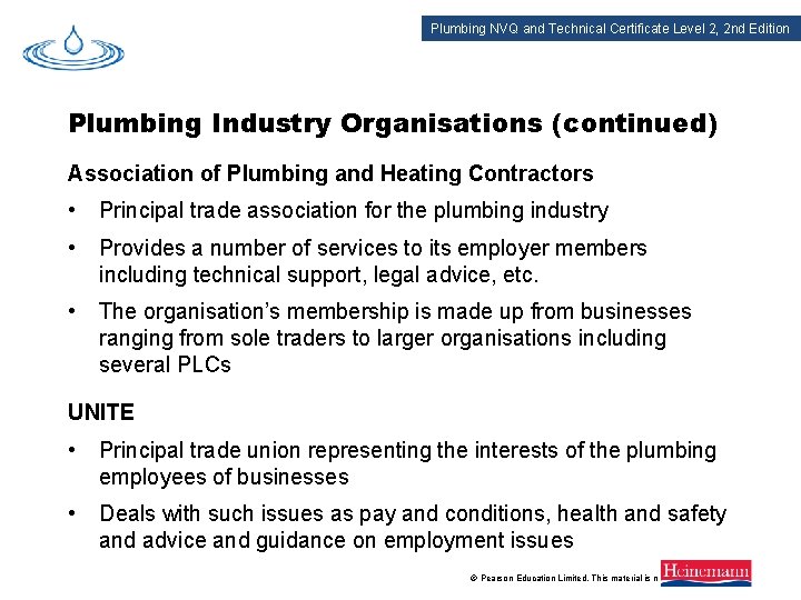 Plumbing NVQ and Technical Certificate Level 2, 2 nd Edition Plumbing Industry Organisations (continued)