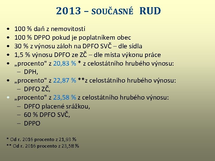 2013 – SOUČASNÉ RUD • • • 100 % daň z nemovitostí 100 %