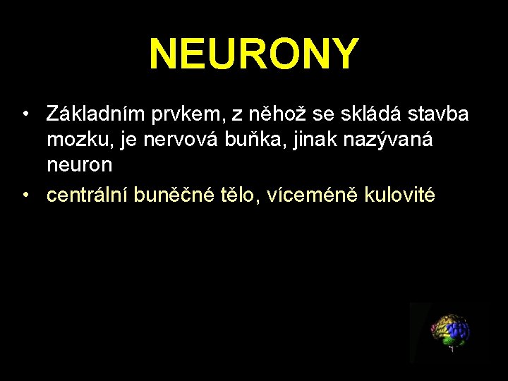 NEURONY • Základním prvkem, z něhož se skládá stavba mozku, je nervová buňka, jinak