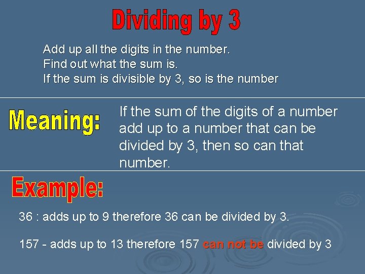 Add up all the digits in the number. Find out what the sum is.