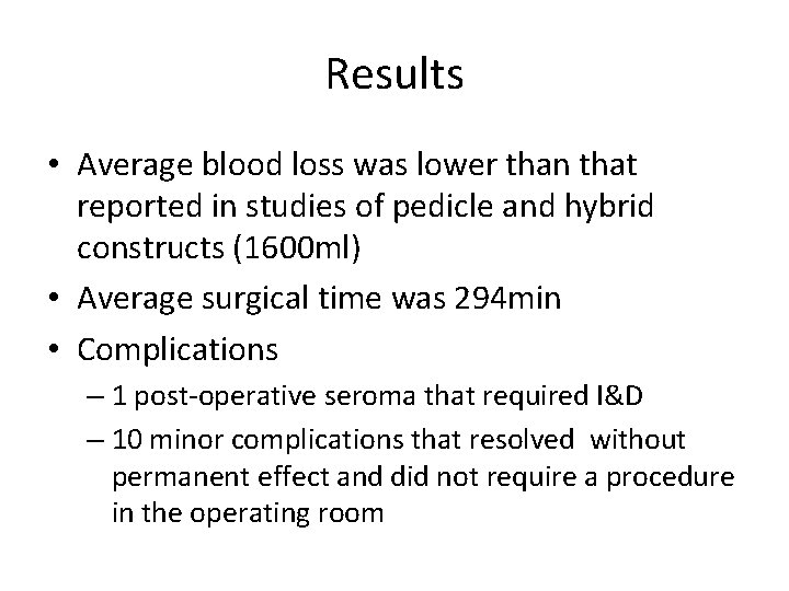 Results • Average blood loss was lower than that reported in studies of pedicle