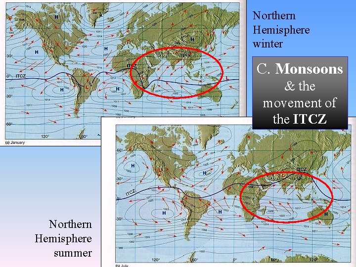 Northern Hemisphere winter C. Monsoons & the movement of the ITCZ Northern Hemisphere summer