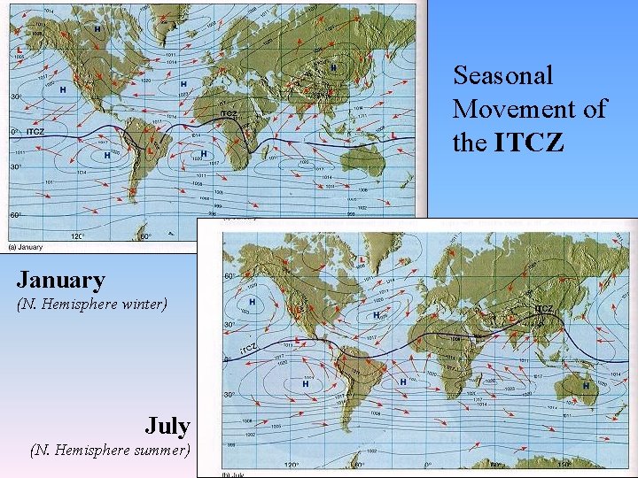 Seasonal Movement of the ITCZ January (N. Hemisphere winter) July (N. Hemisphere summer) 