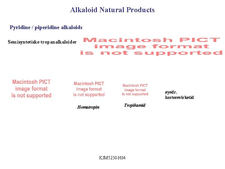 Alkaloid Natural Products Pyridine / piperidine alkaloids Semisyntetiske tropanalkaloider øyedr. korterevirketid Homatropin Tropikamid KJM