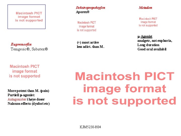 Dekstropropoksyfen Aporex® Buprenorfin Temgesic®, Subutex® (+) most active less adict. than M. More potent
