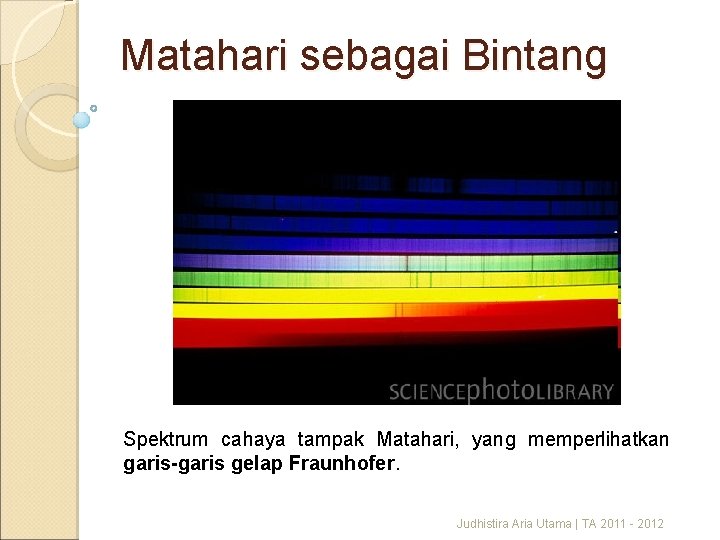 Matahari sebagai Bintang Spektrum cahaya tampak Matahari, yang memperlihatkan garis-garis gelap Fraunhofer. Judhistira Aria