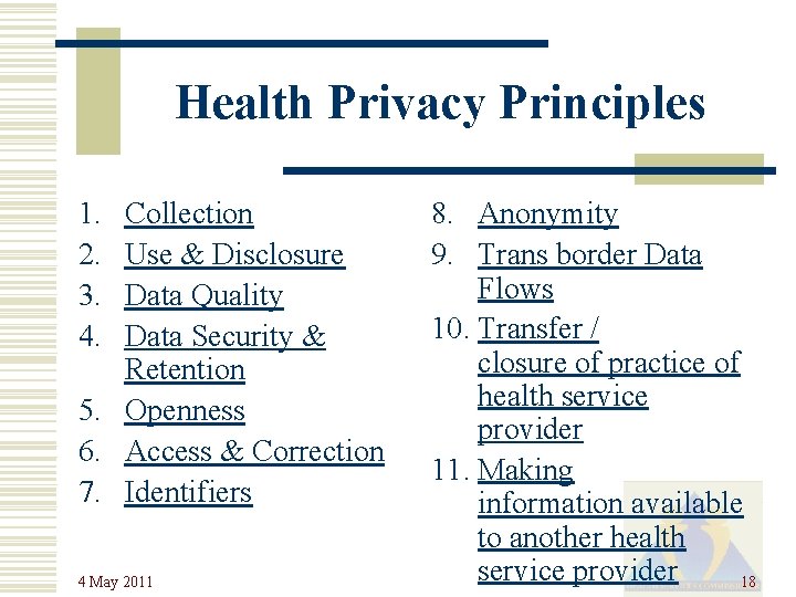 Health Privacy Principles 1. 2. 3. 4. Collection Use & Disclosure Data Quality Data