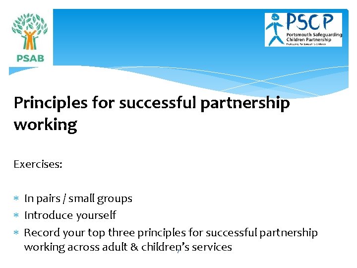 Principles for successful partnership working Exercises: In pairs / small groups Introduce yourself Record