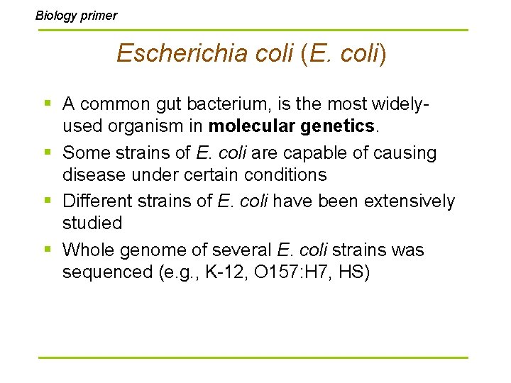 Biology primer Escherichia coli (E. coli) § A common gut bacterium, is the most