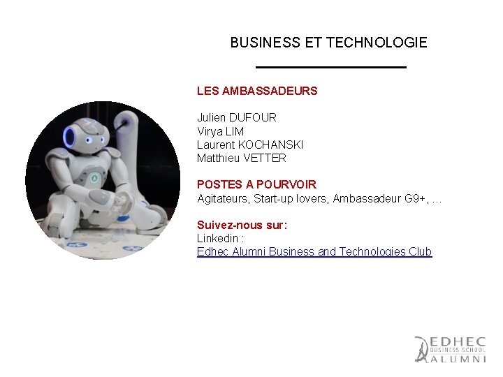 BUSINESS ET TECHNOLOGIE LES AMBASSADEURS Julien DUFOUR Virya LIM Laurent KOCHANSKI Matthieu VETTER POSTES