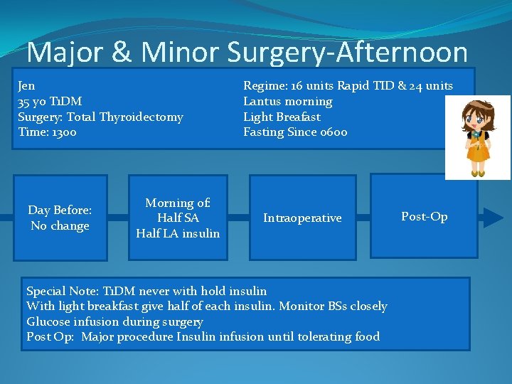 Major & Minor Surgery-Afternoon Jen 35 yo T 1 DM Surgery: Total Thyroidectomy Time: