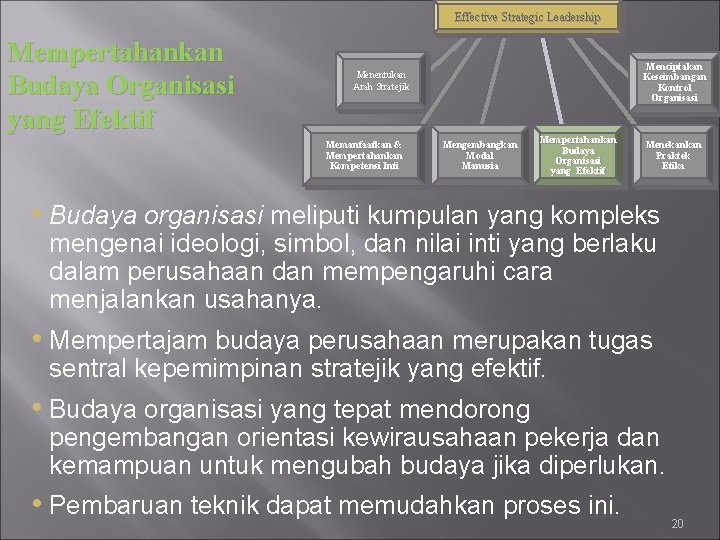 Effective Strategic Leadership Mempertahankan Budaya Organisasi yang Efektif Menciptakan Keseimbangan Kontrol Organisasi Menentukan Arah