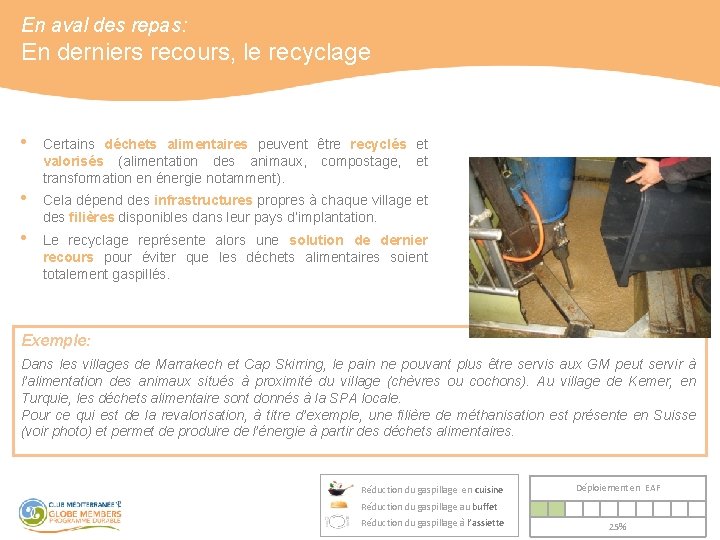 En aval des repas: En derniers recours, le recyclage • Certains déchets alimentaires peuvent