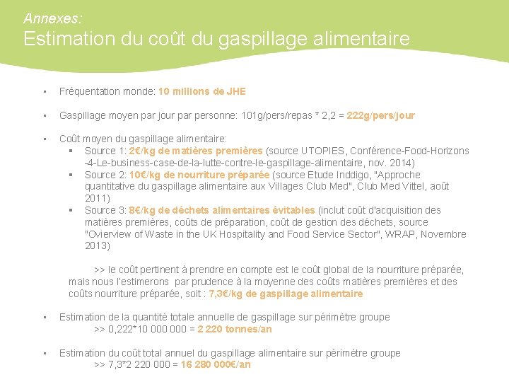 Annexes: Estimation du coût du gaspillage alimentaire • Fréquentation monde: 10 millions de JHE