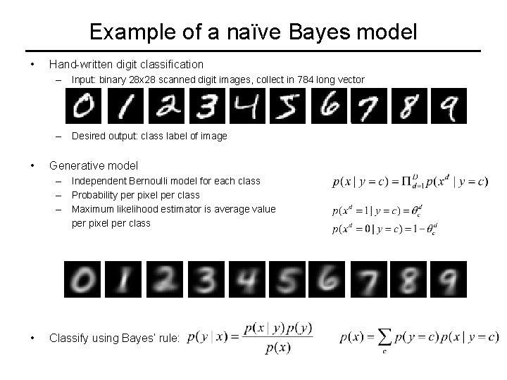 Example of a naïve Bayes model • Hand-written digit classification – Input: binary 28