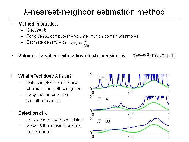 k-nearest-neighbor estimation method • Method in practice: – Choose k – For given x,