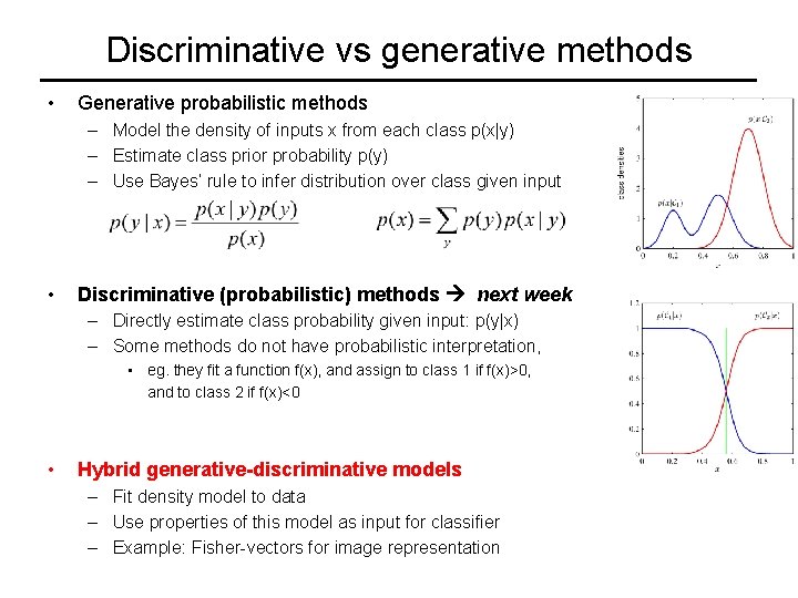 Discriminative vs generative methods • Generative probabilistic methods – Model the density of inputs